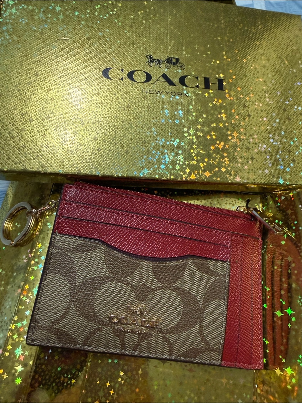 NEW!! Coach Brown Signature Canvas Card Case with Red Trim and Gold Key Ring